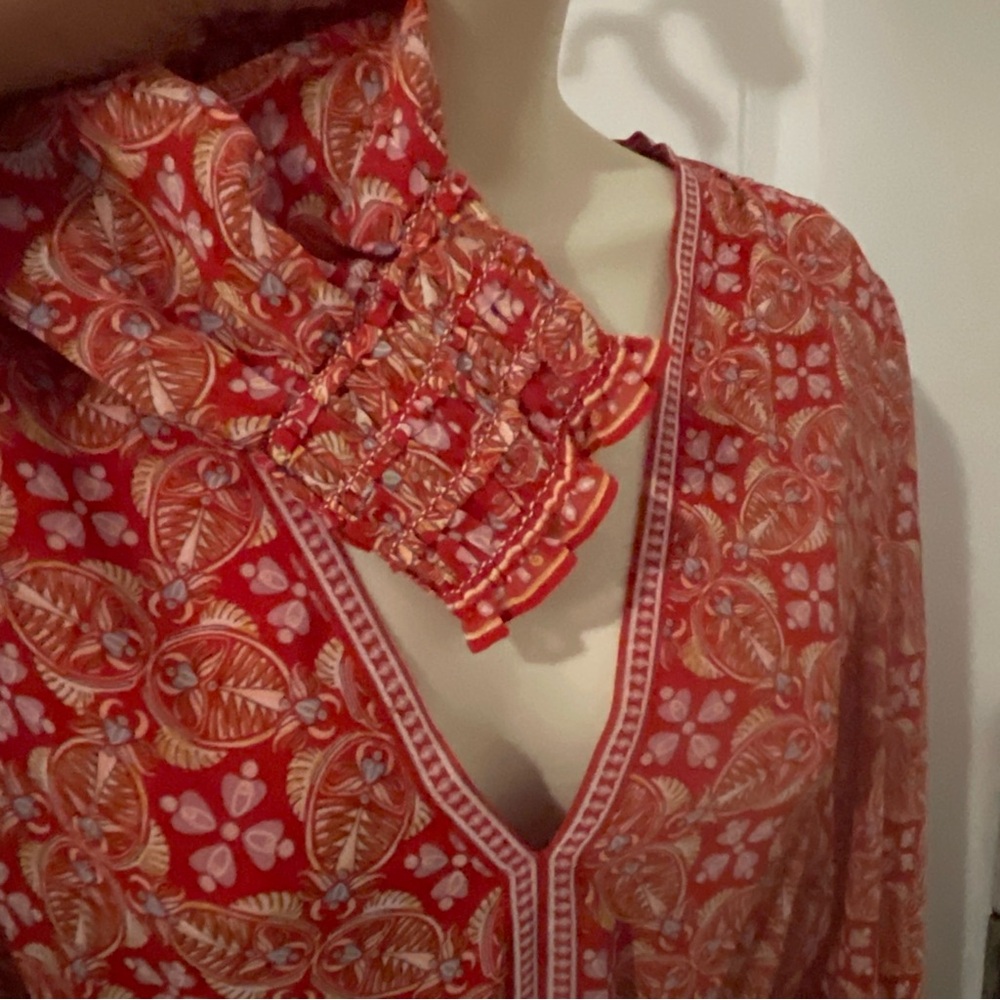 Max Studio London Women's L  Red Boho Paisley Smocked Ruffle dresses - Picture 5 of 15